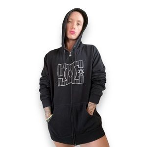 Vintage DC Skateboard Y2K Hoodie SPELLOUT Logo Skate Zip SWEATSHIRT Pinstripe XL